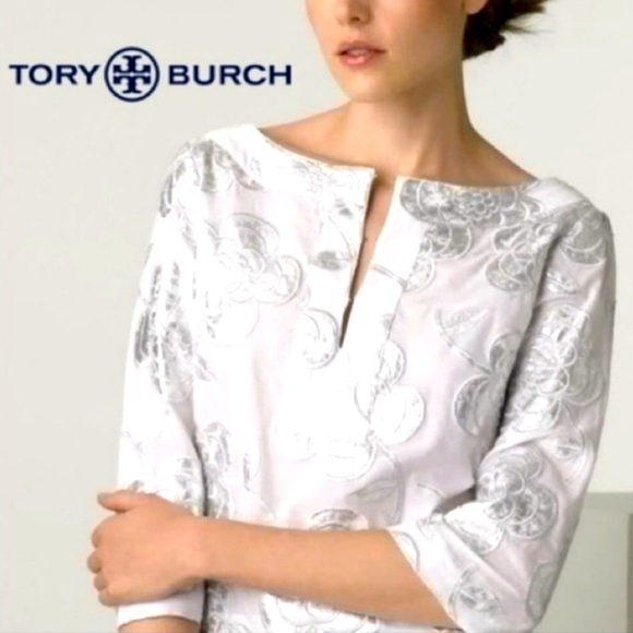 Tory Burch Tops - Tory Burch metallic tunic for ladies in silver and white, size 6, EUC